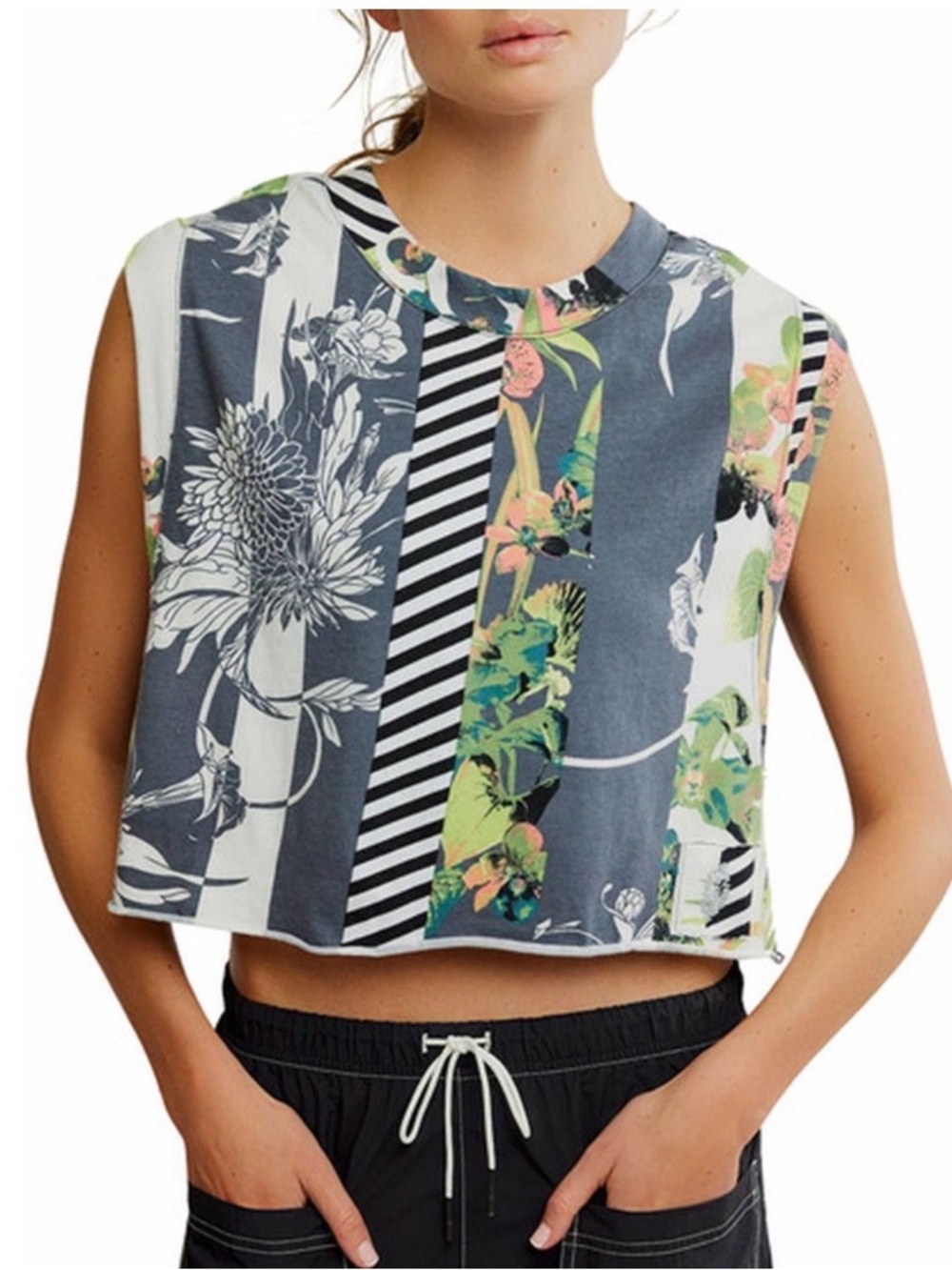 Sleeveless Floral-Stripe Cropped Top - Multicolor